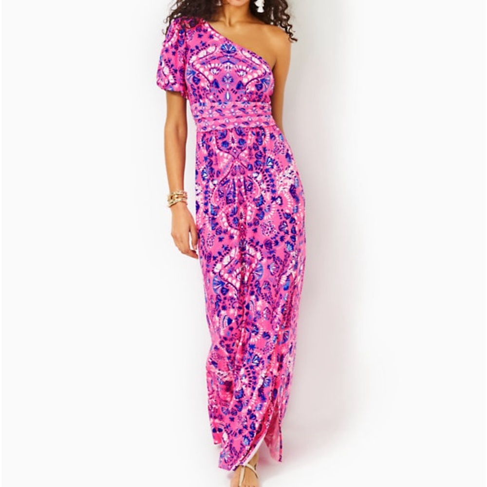 Lilly Pulitzer Havana Pink Turtle Tide Pool One-Shoulder Maxi Dress Size Large